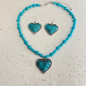 3 Pcs blue Fake Turquoise Stone Decor heart Pendant Necklace Earring Jewelry Set